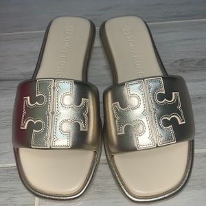 Tory Burch Sandal Double T Sport Slide size 7 bicolor gold/cream